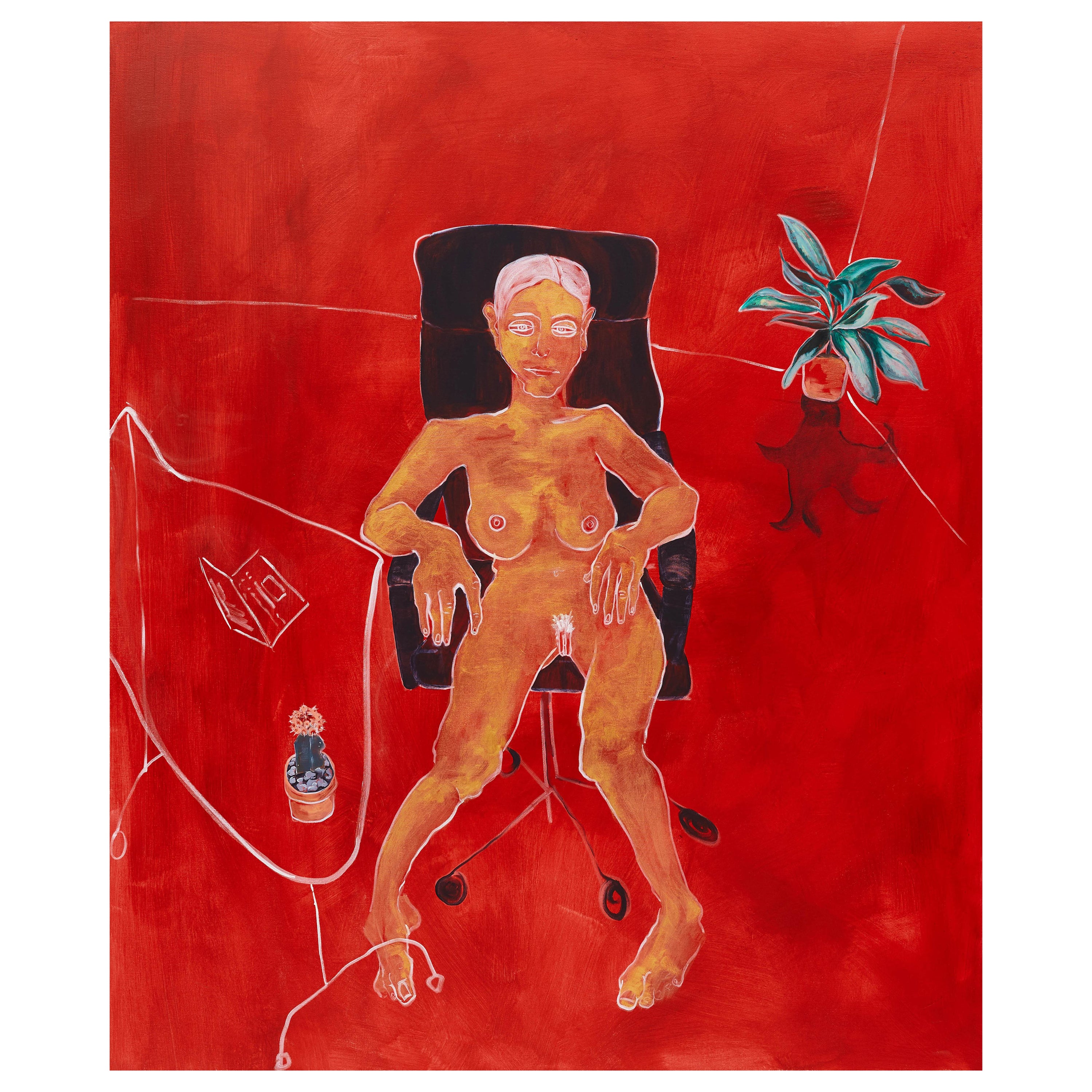 "Melanie", figure painting of nude female lounging in home office chair