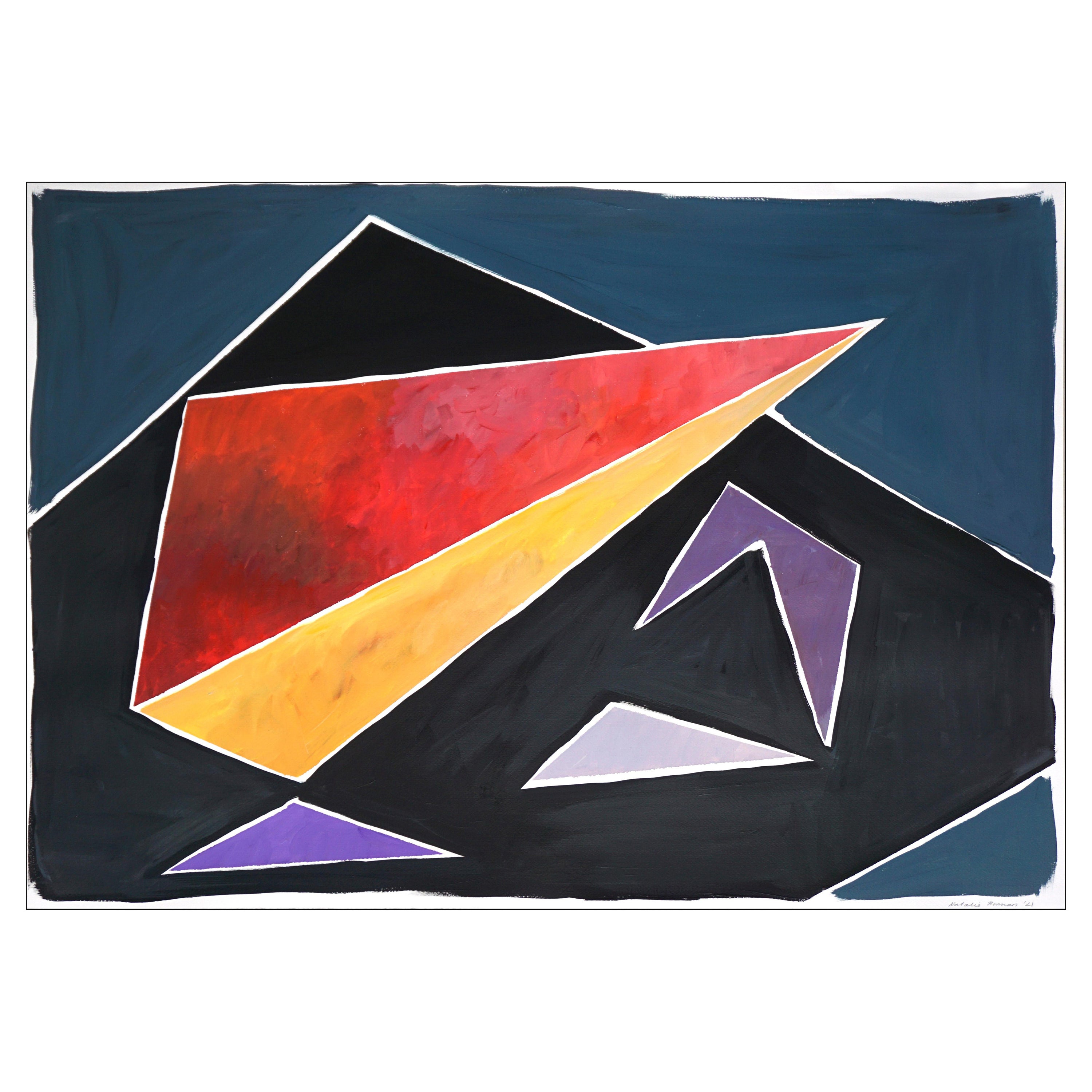 Still-Life Painting Natalia Roman - Géométrie constructiviste futuriste, couleurs primaires triangulaires et formes sur noir