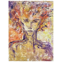 Pittura ad olio espressionista originale del 20° secolo Volto astratto eccentrico