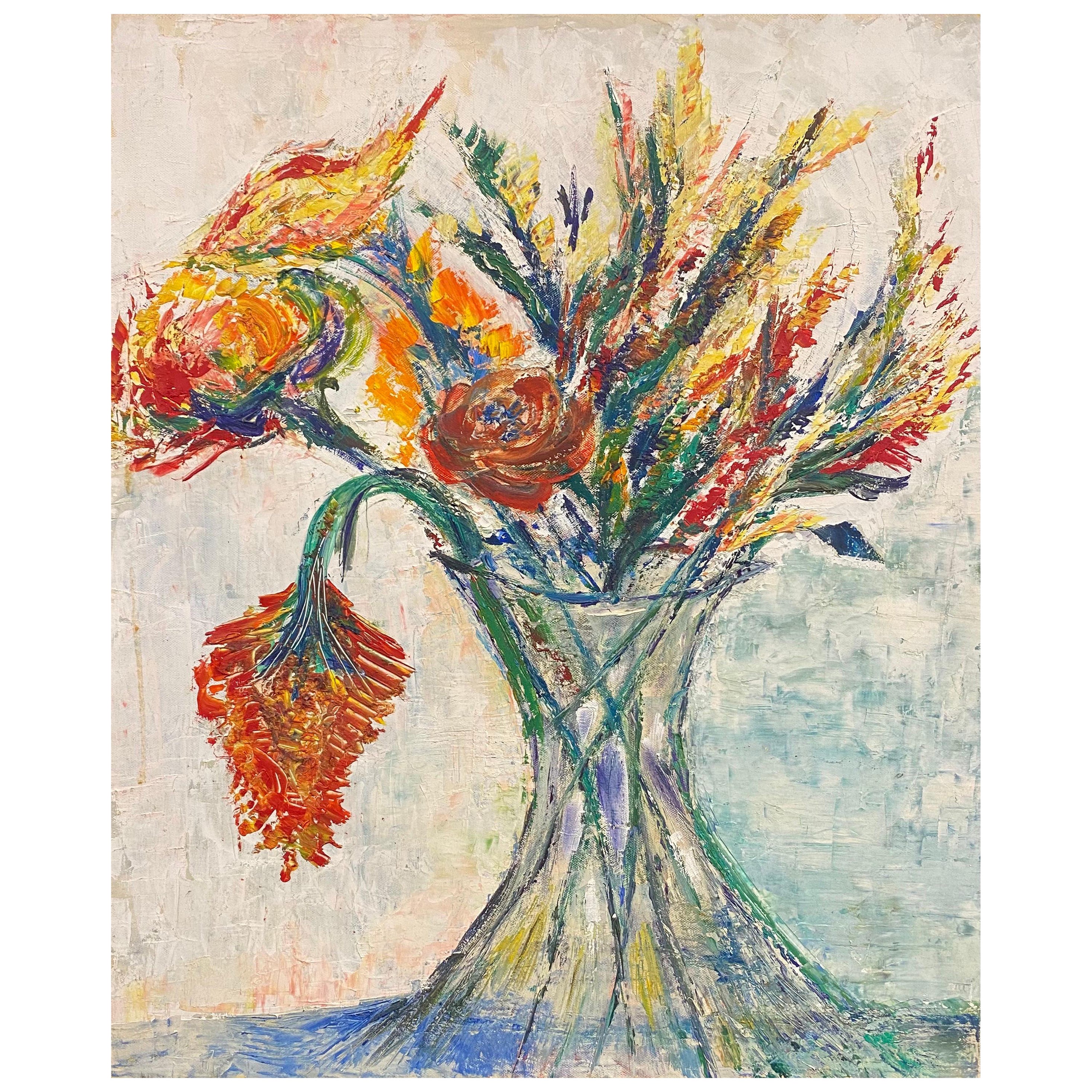 20th Century Original Expressionist Oil Painting - Beautiful Bouquet In Vase 