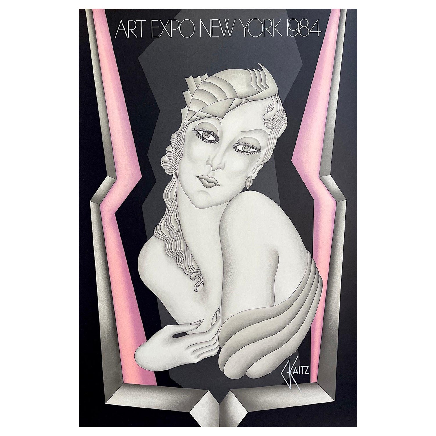 GATSBY GIRL Lithographie, Glamour Boudoir Portrait Art Deco Style Rose Noir Gris