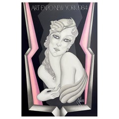 Vintage GATSBY GIRL Lithograph, Glamour Boudoir Portrait Art Deco Style Pink Black Gray