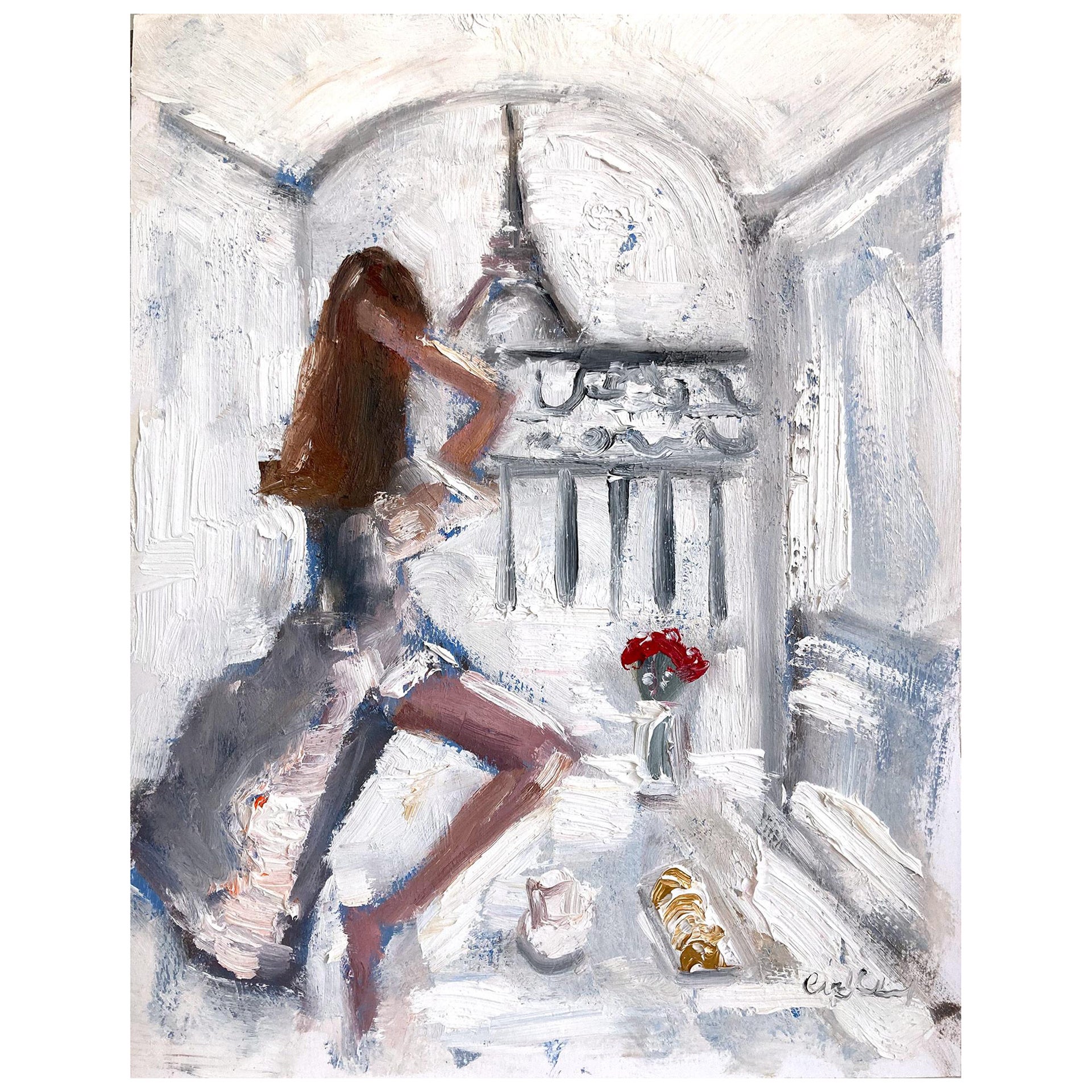 Cindy Shaoul Figurative Painting - "Paris is for Lovers" Figure with Coffee and Croissants Oil on Paper Painting