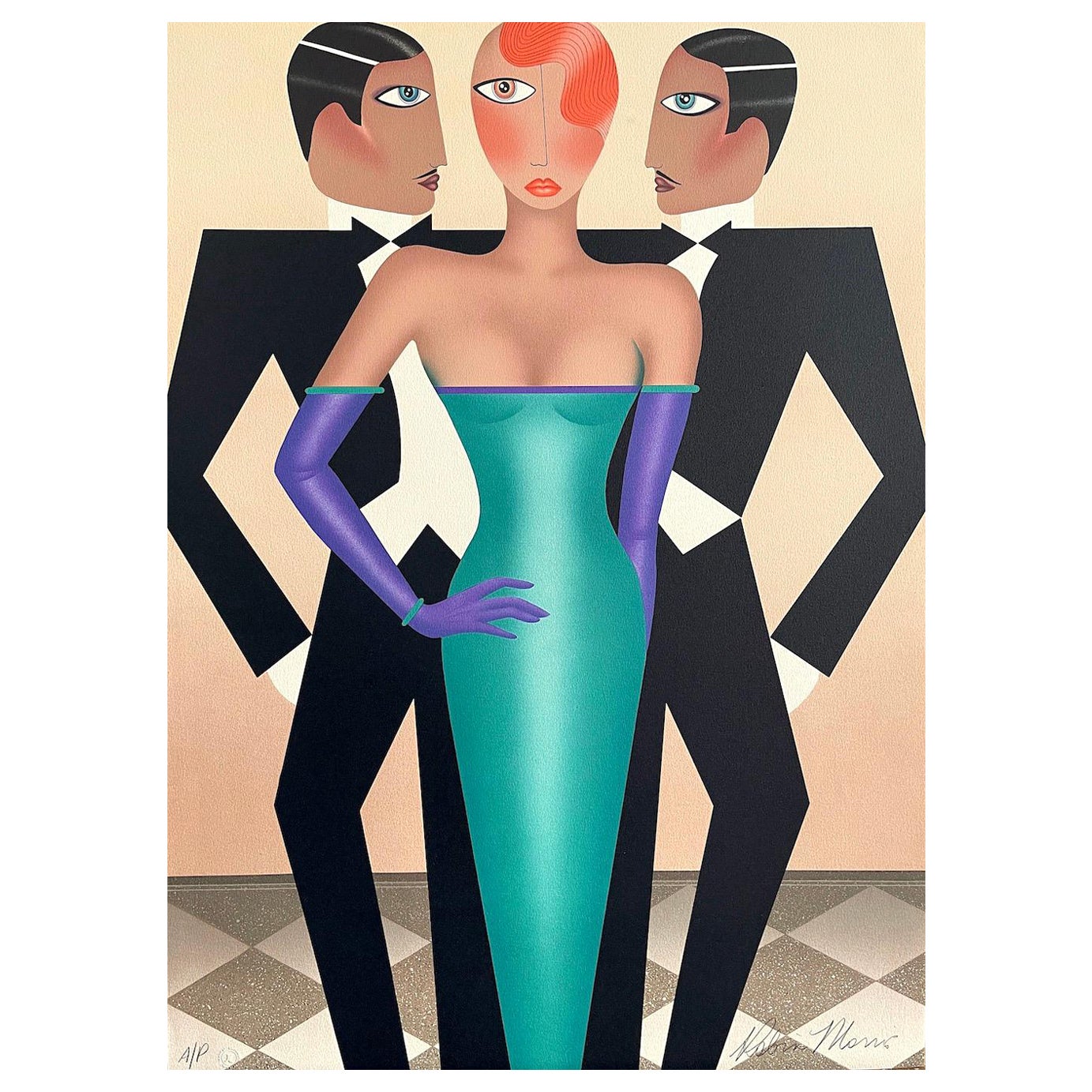 Robin Morris Figurative Print - RIVALS Signed Lithograph, Modern Art Deco Portrait, Tuxedo, Green Evening Gown 