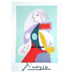 JEUNE FILLE Lithograph, Abstract Profile Portrait Young Woman Multicolor Dress