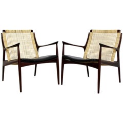 Mid-Century Modern Pair of Leather Cane Lounge Chairs Kofod Larsen Denmark 1960s