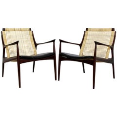 Mid-Century Modern Pair of Leather Cane Lounge Chairs Kofod Larsen Denmark 1960s