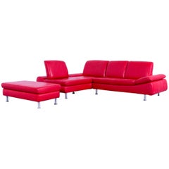 Willi Schillig Loop Designer Corner Sofa Set Leather Red Function Couch 
Stool