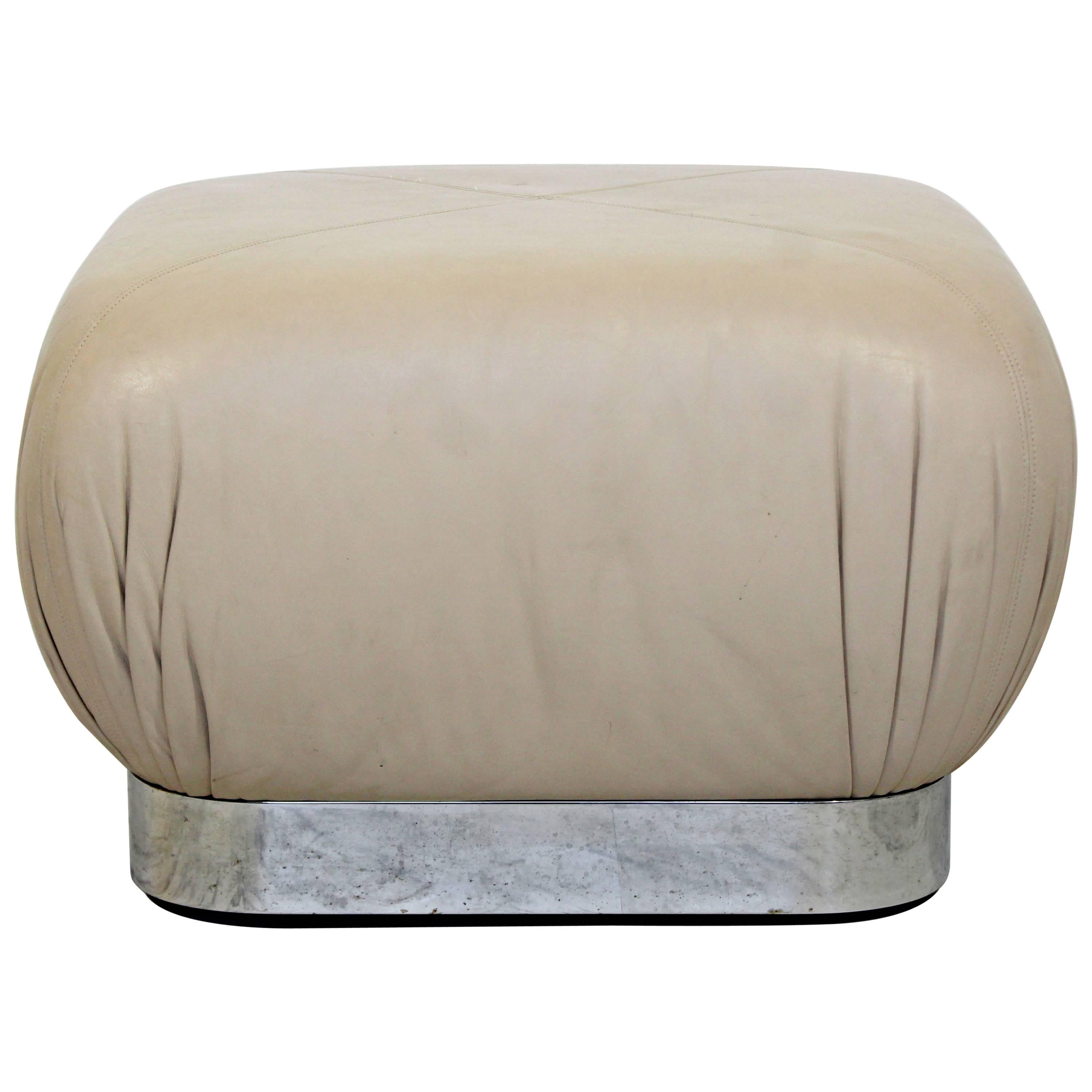 Mid-Century Modern Preview Chrome Beige Leather Ottoman Pouf Casters Springer