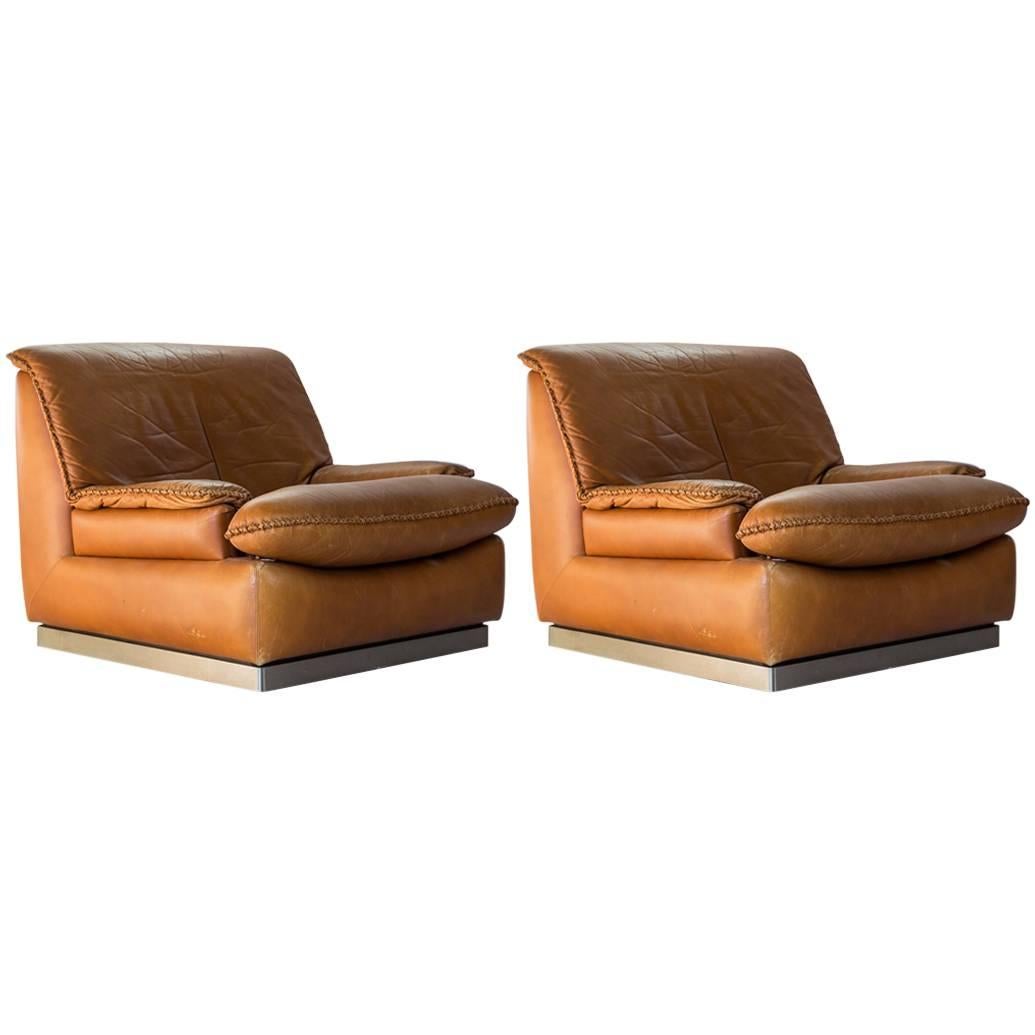Pair of Italian Leather Club Chairs with Braid Detail