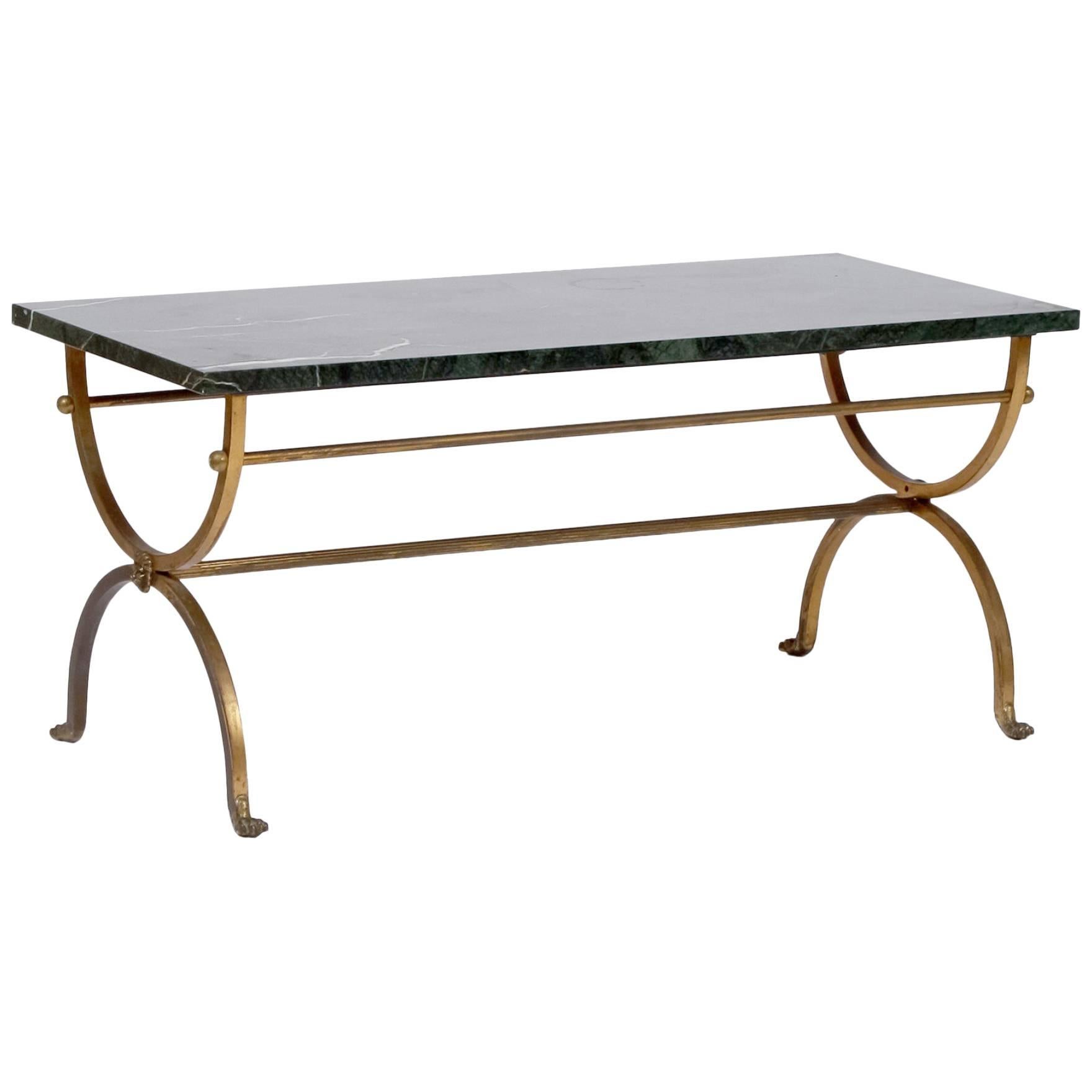 Italian Green Marble and Brass Coffee Table For Sale