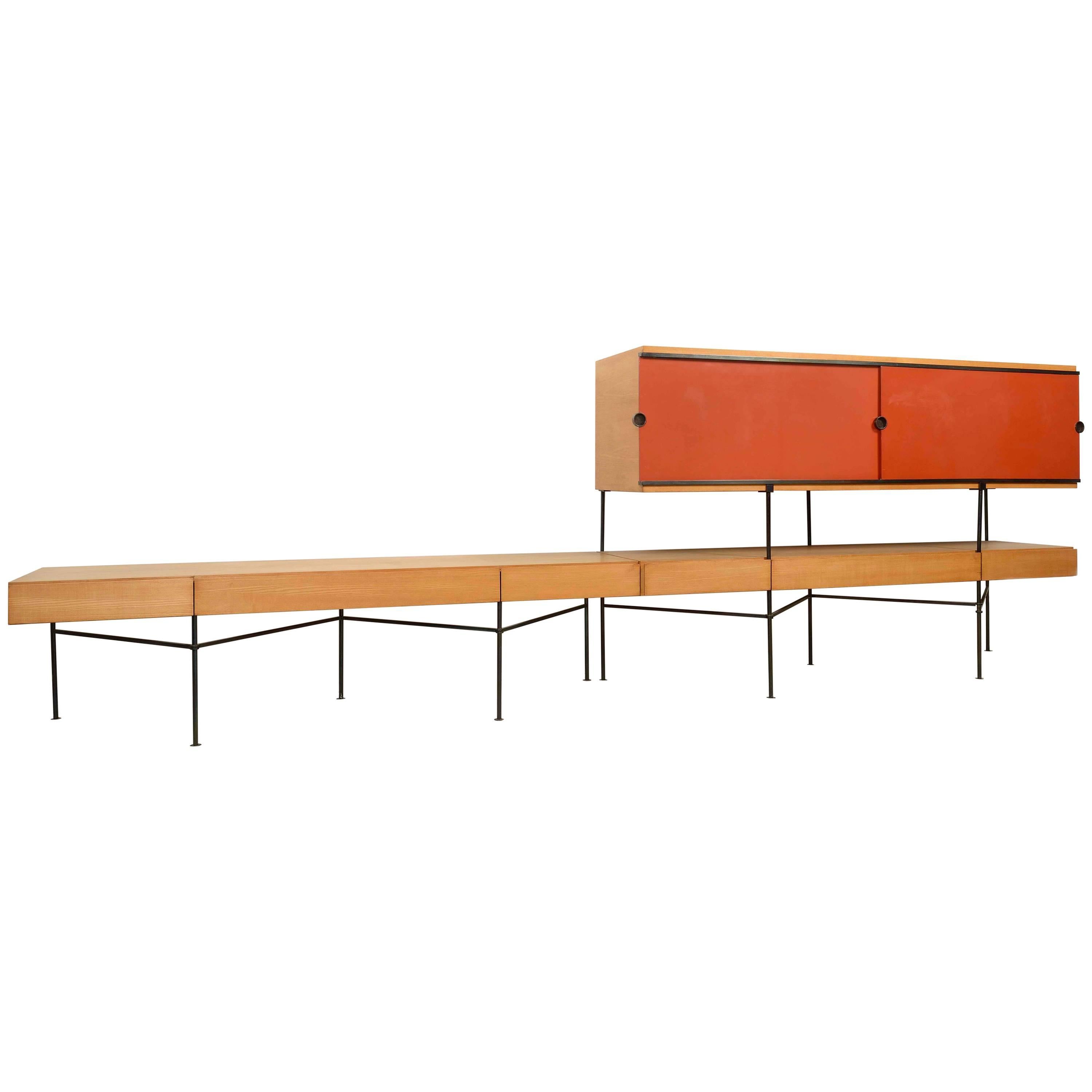 '50s unique Maxime Old Sideboard in metal, bronze and ash veneer 