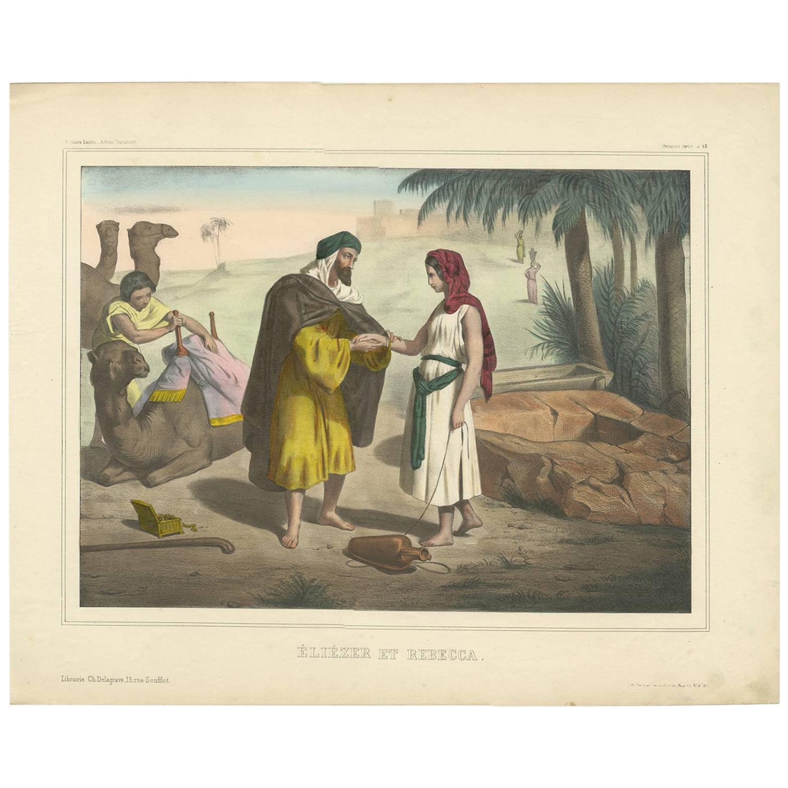 Antique Religious Print 'No. 13' Rebecca and Eliezer at the Well, circa 1840