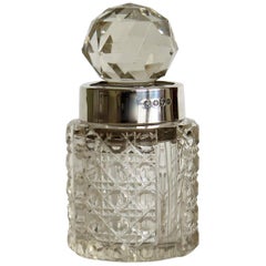 Antique Victorian Cut-Glass Crystal Perfume Bottle Sterling Silver Neck Ring, Circa 1896