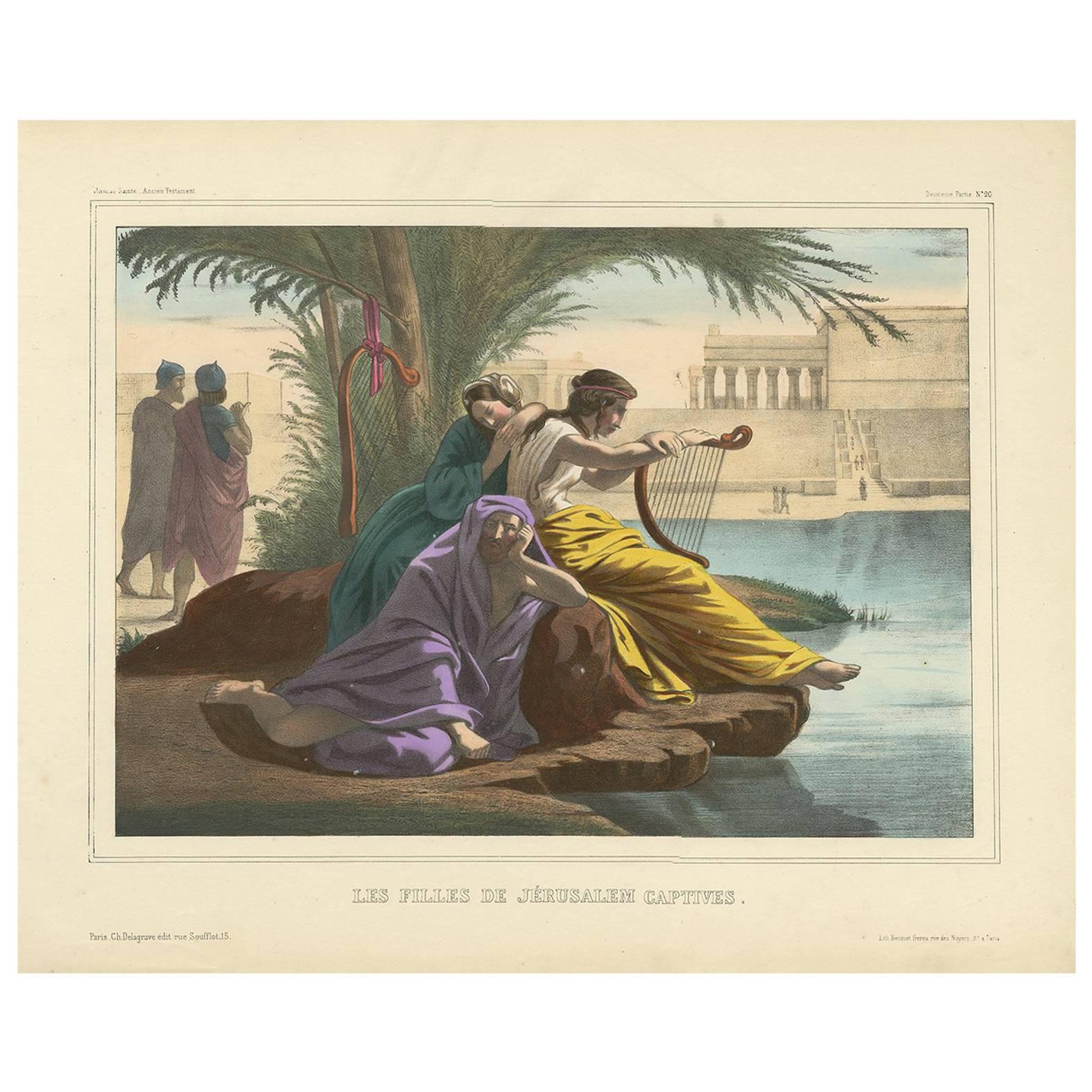 Antique Religious Print "No. 20" The Girls of Jerusalem, circa 1840