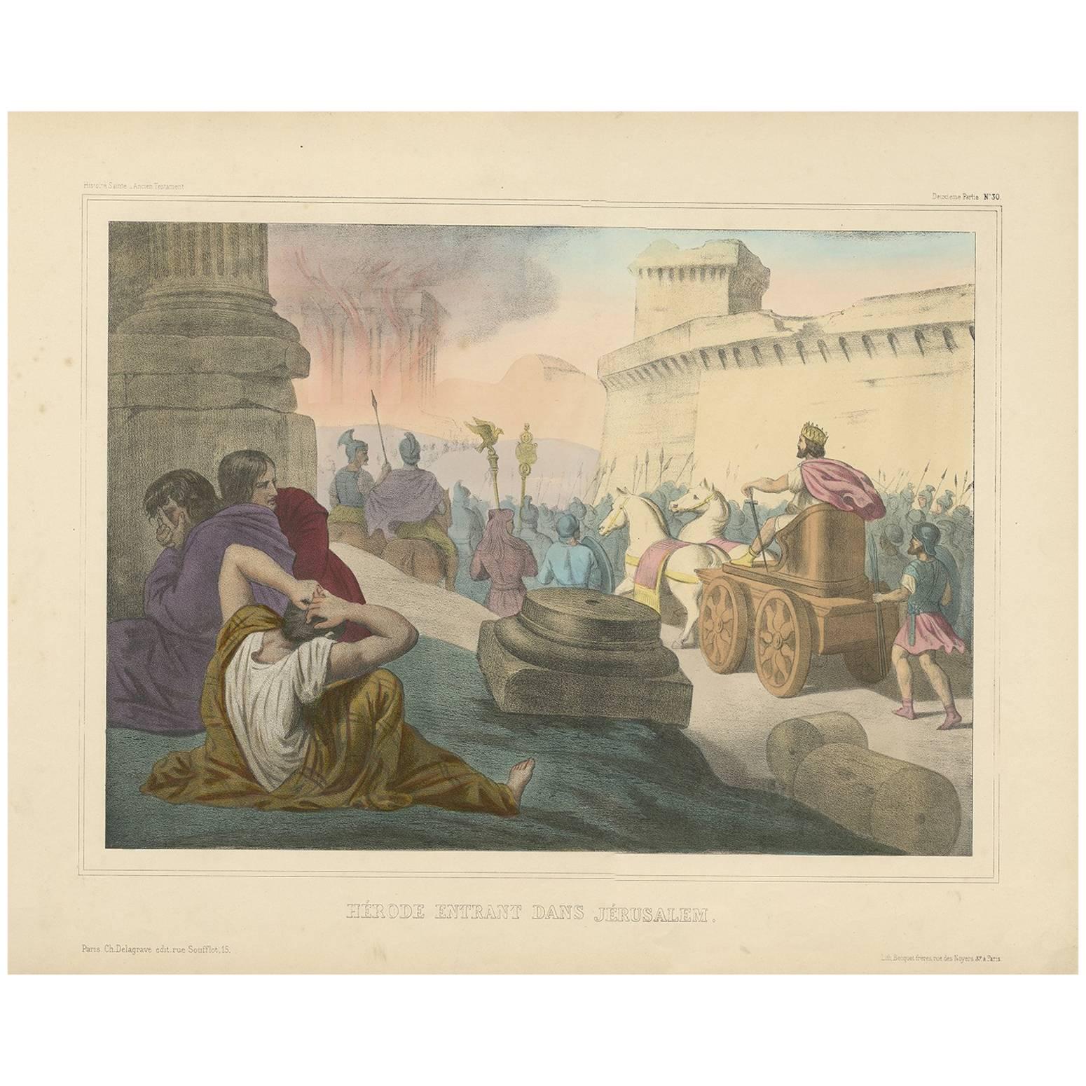 Antique Religious Print "No. 30" Herod Entering Jerusalem, circa 1840 For Sale
