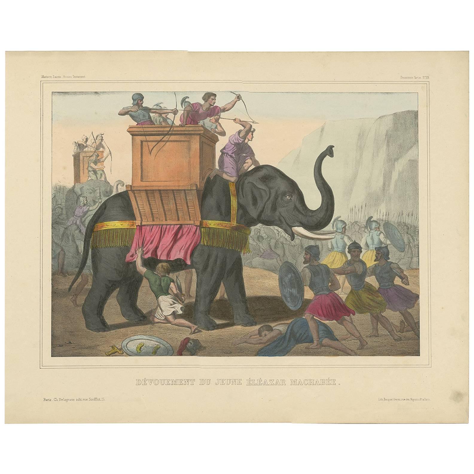 Antique Religious Print 'No. 29' Eleazar Attacks the Elephant, circa 1840 For Sale