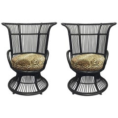 Very Chic Pair of Black Bamboo Armchairs Club Chairs