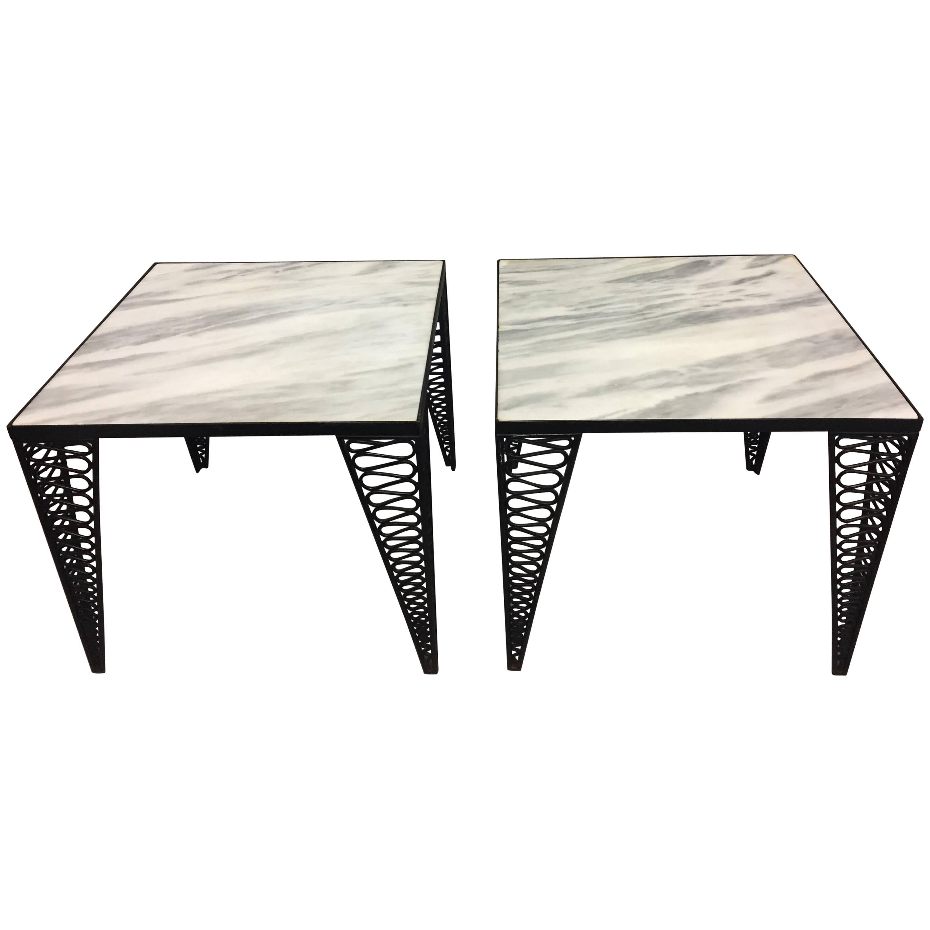 Cool Pair of Salterini Mid-Century Modern Black Iron and White Marble End Tables