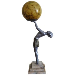 Antique Art Deco Figurine Table Lamp after Max Le Verrier Silvered Metal, Circa 1930