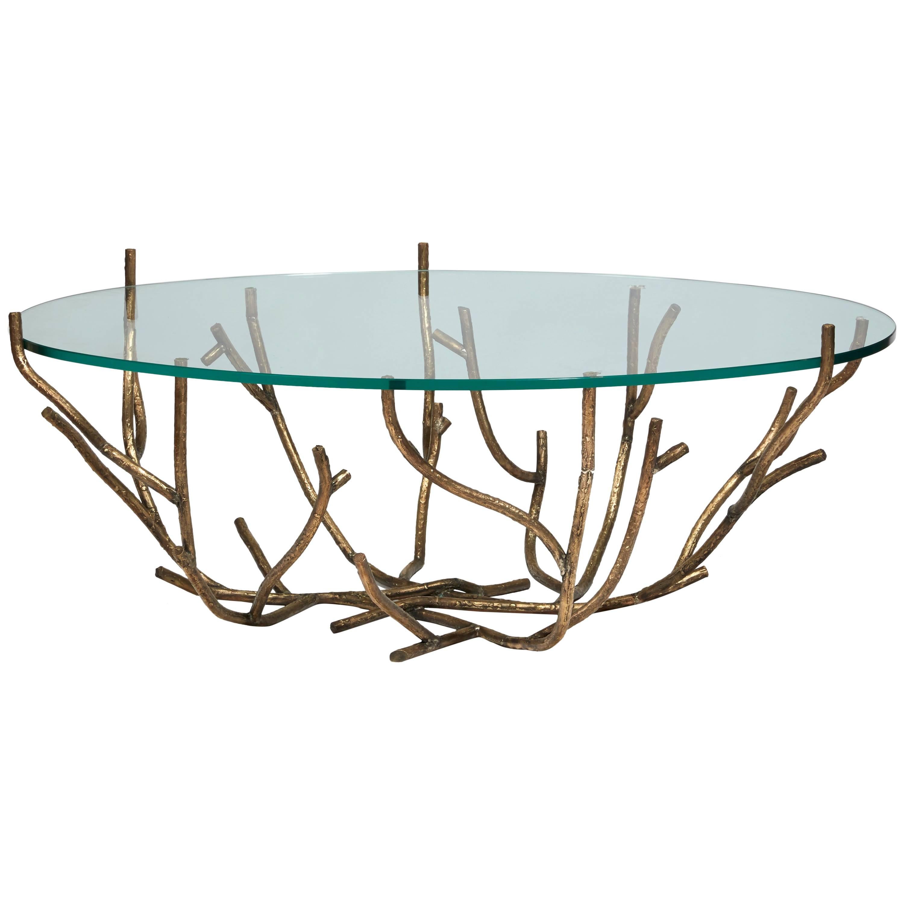 Coffee Table with a Bough Base in Patinated Bronze and Glass Top 