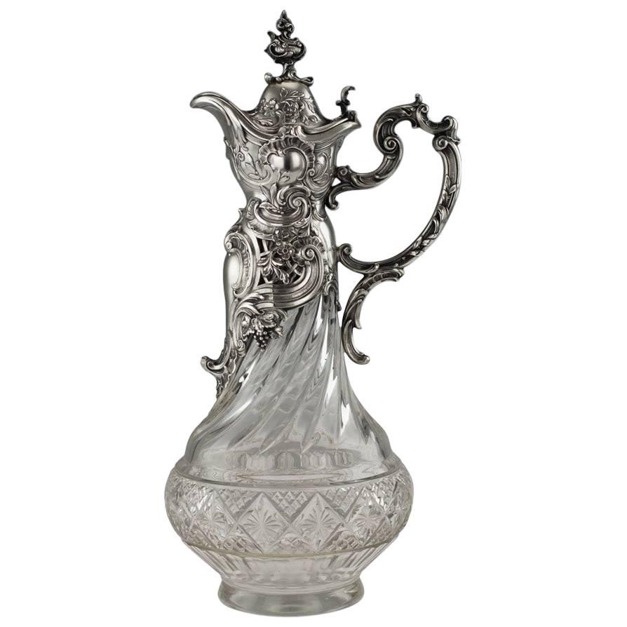 Antique German Solid Silver and Cut-Glass Massive Claret Jug, circa 1890