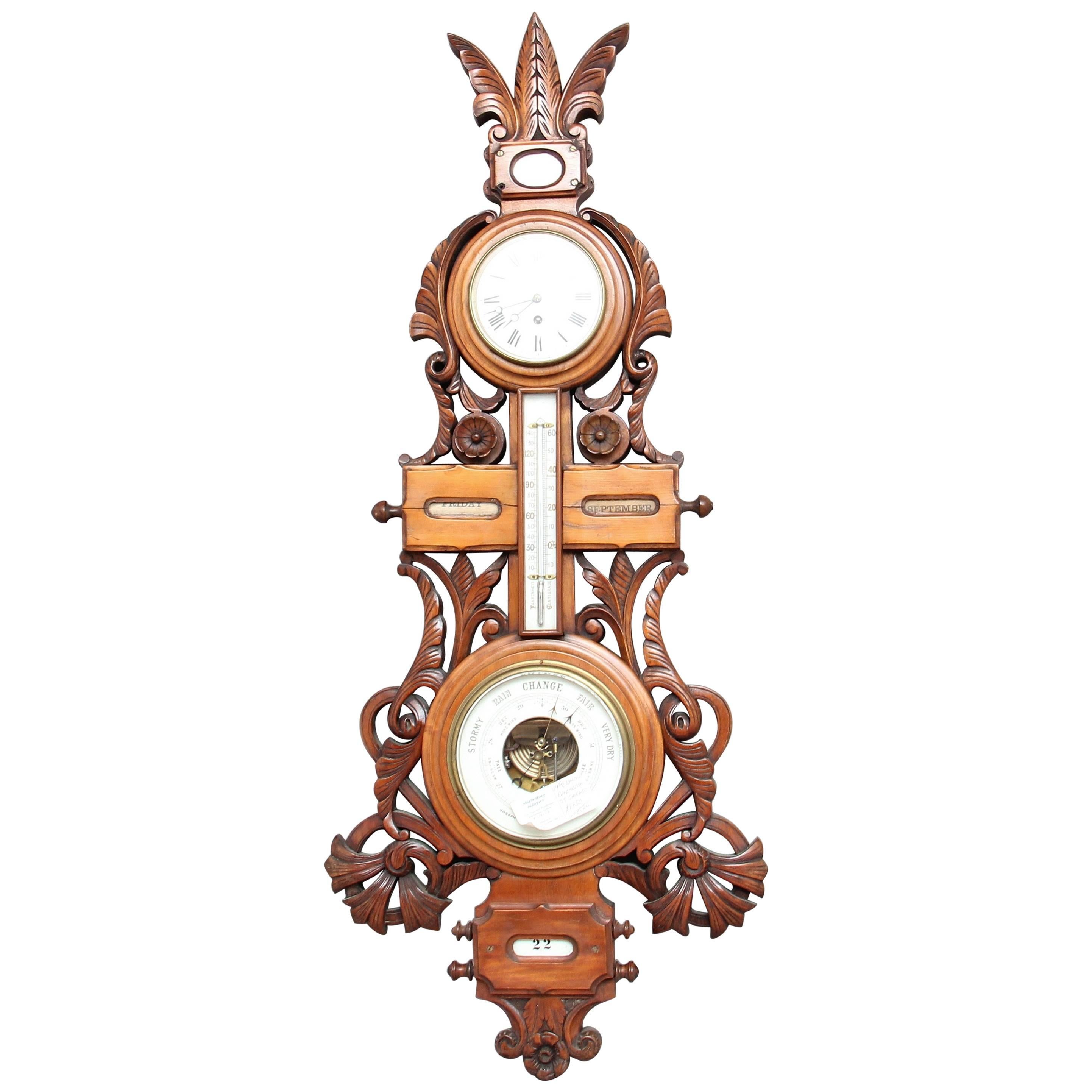19th Century American Carved Walnut Barometer For Sale