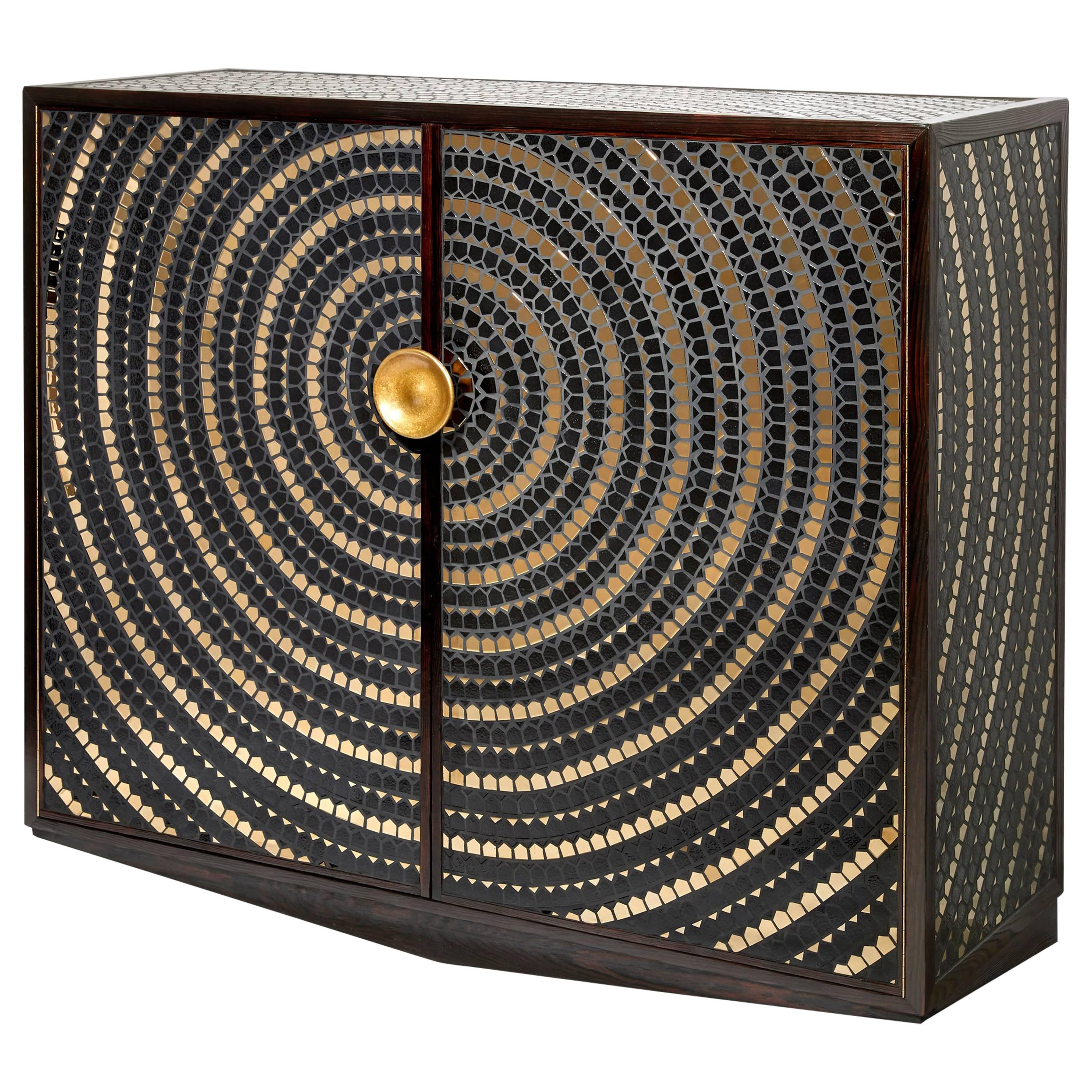 Pinewood Cabinet with Mosaic of Black and Gold Ceramic and bronze handle