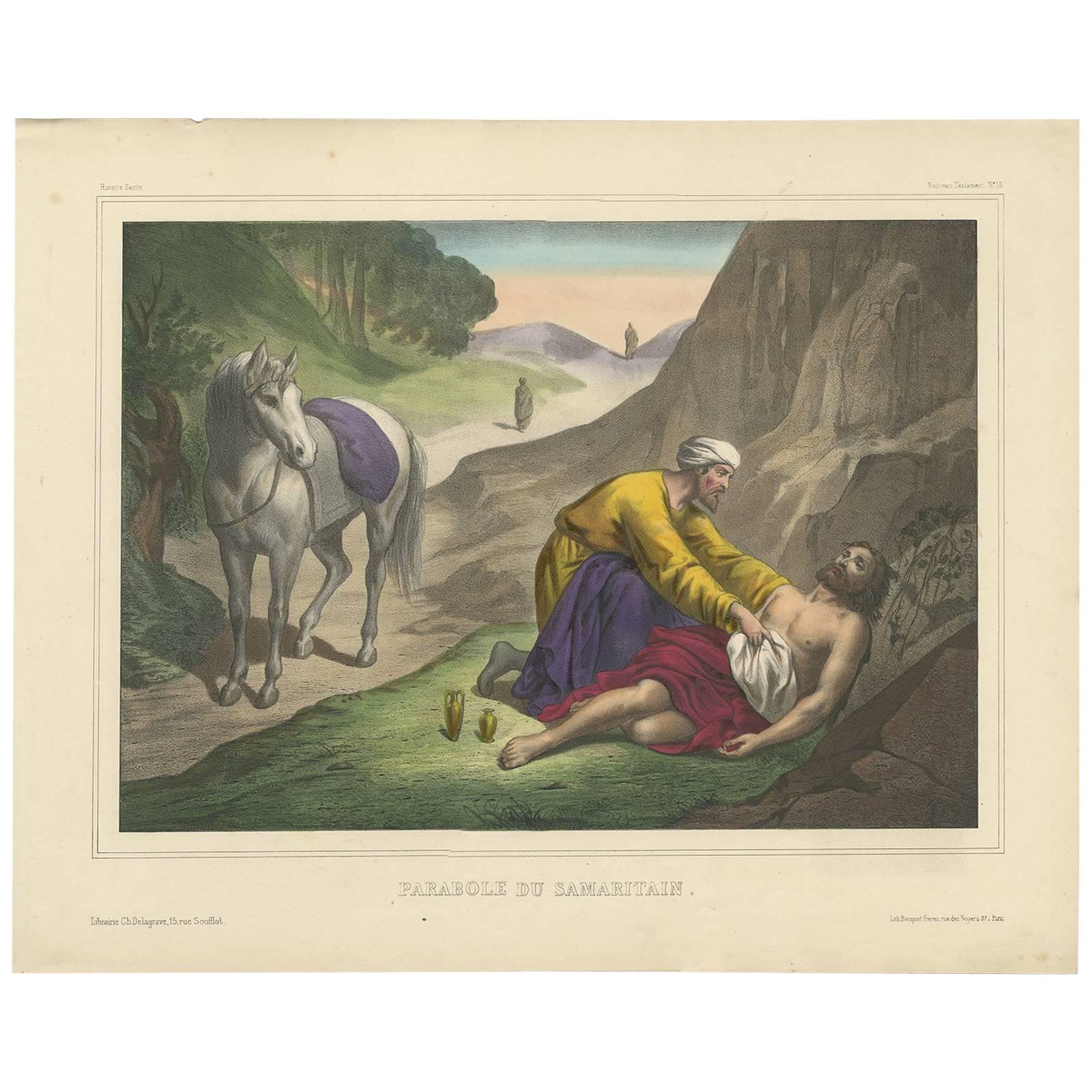 Antique Religious Print 'No. 15' The Parable of the Good Samaritan, circa 1840