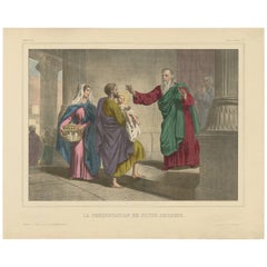 Grabado religioso antiguo 'nº 7' Presentación de Jesús en el Templo, hacia 1840