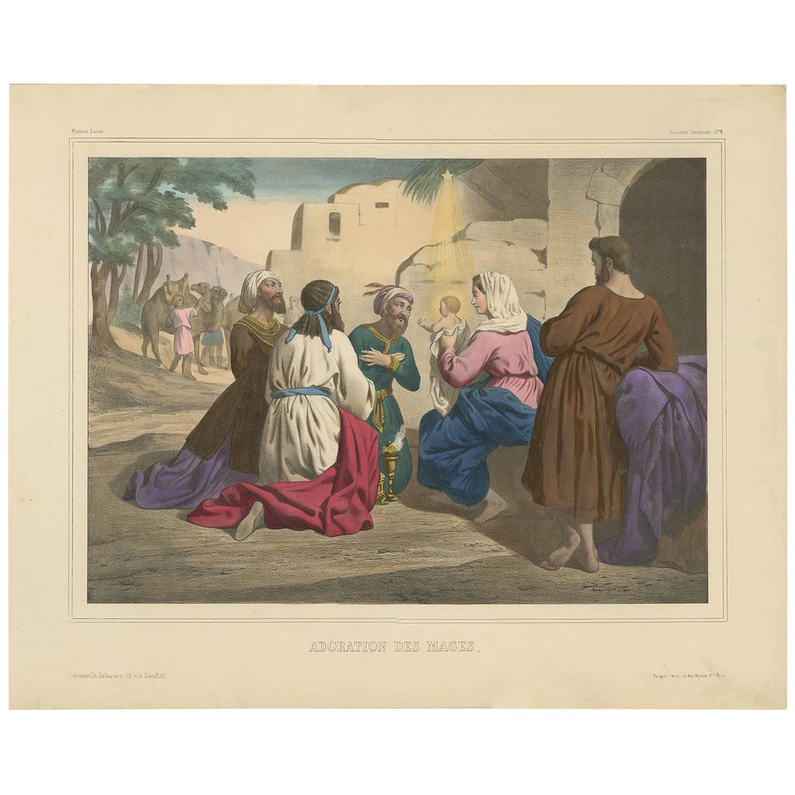 Antique Religious Print 'No. 6' The Adoration of the Magi, circa 1840 For Sale