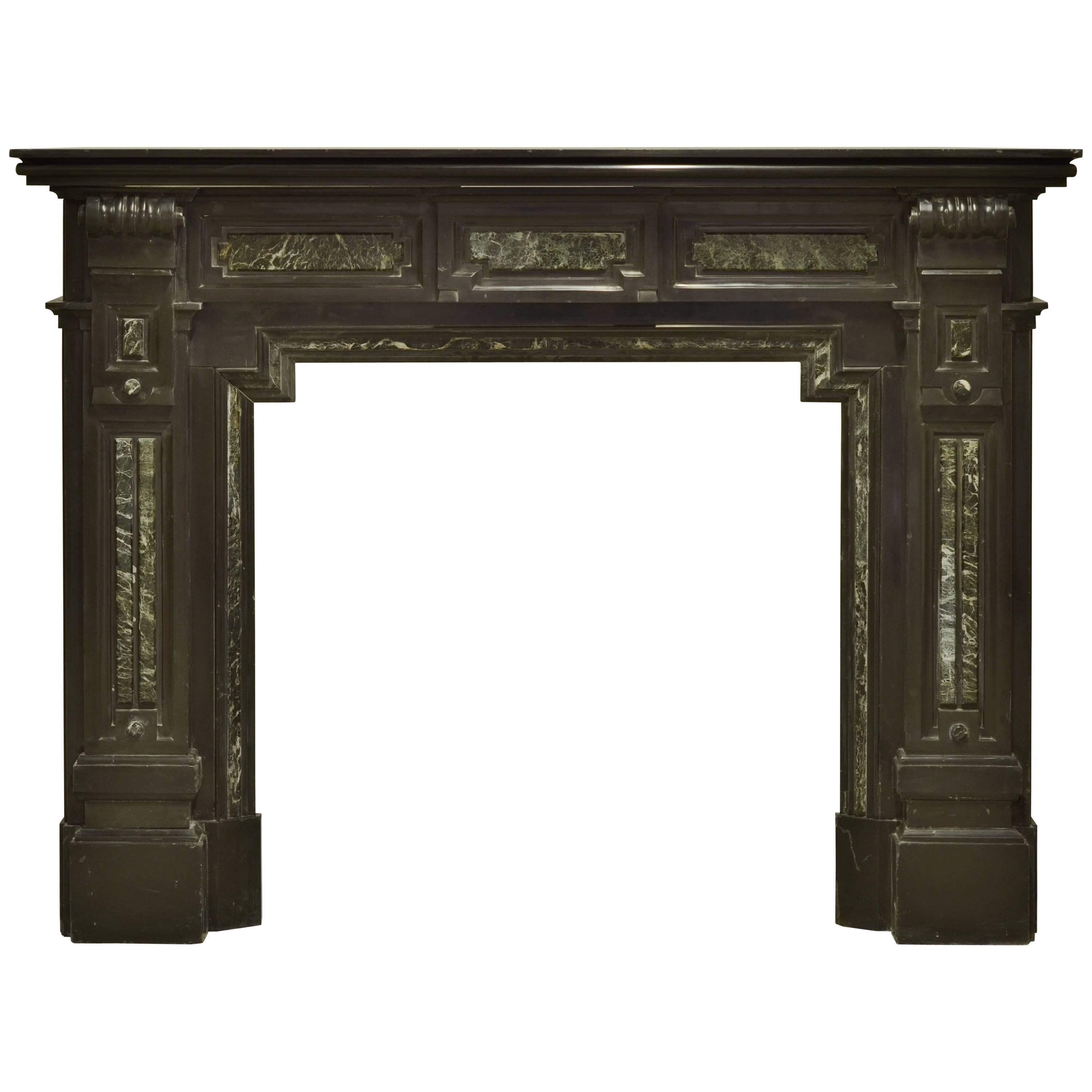 Monumental Dutch Black Marble Fireplace Mantel with Green Details For Sale