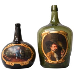 Antique Set of 19th Century Green Glass Hand-Painted Liquor Bottles or Demijohns
