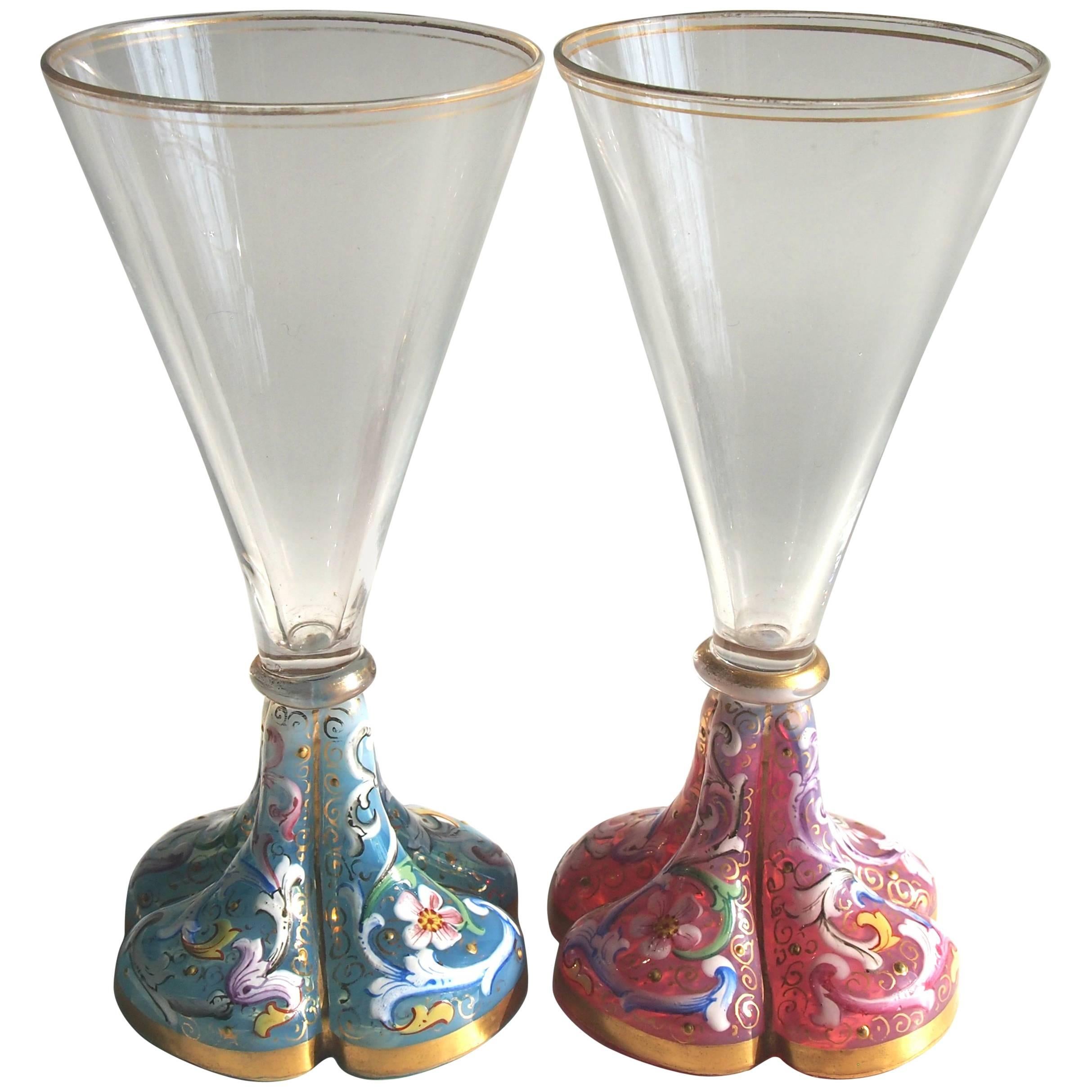 Moser Pair of Art Nouveau Pink and Blue Opal Liquor Glasses