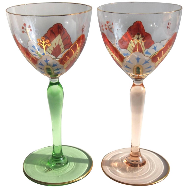 Pair of Enamel and Gilded Poschinger Art Nouveau Flower Glasses For