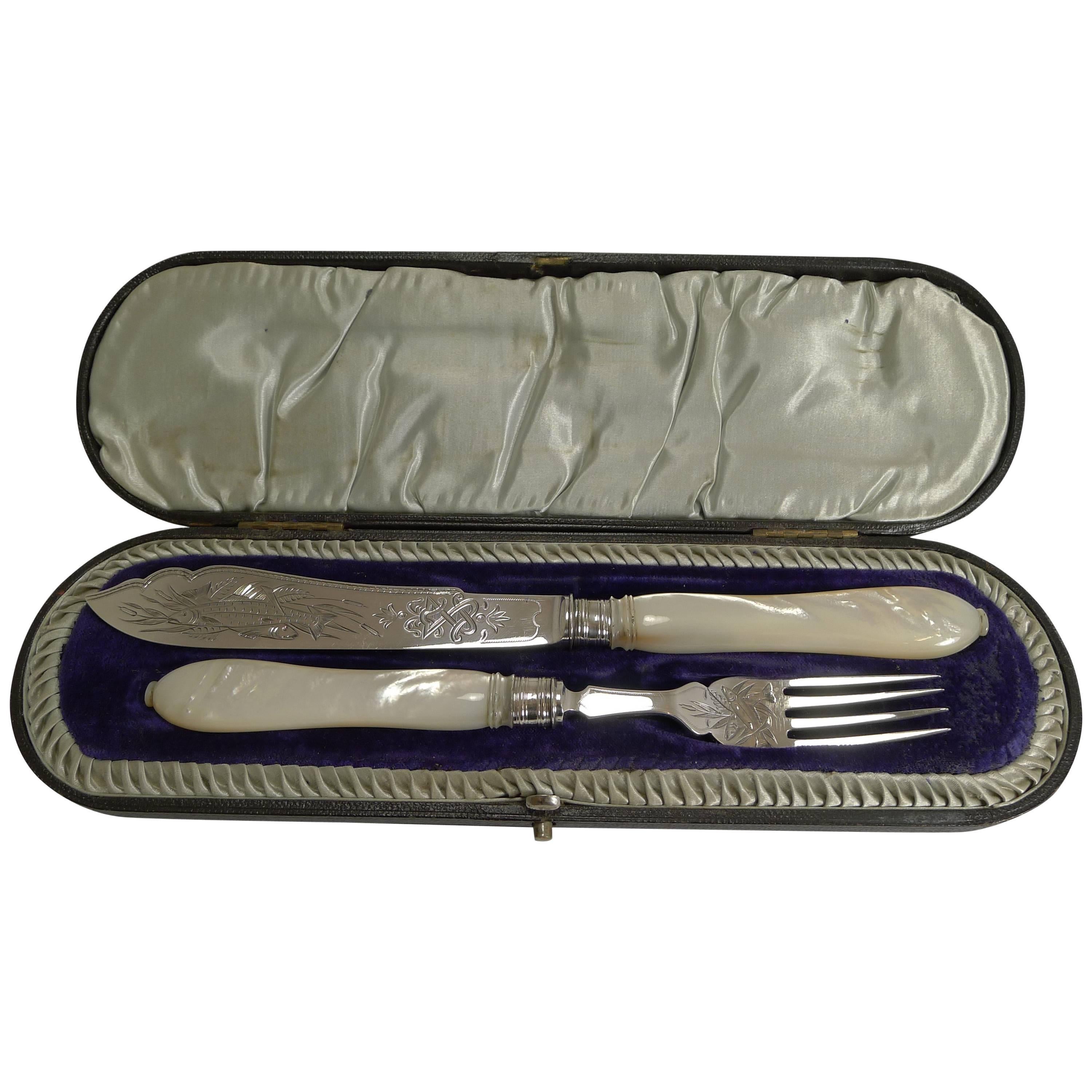 Antique English Sterling Silver and Mother-of-Pearl Fish Servers, 1895
