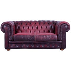 Chesterfield Two-Seat Sofa Red Leather Couch Vintage Retro Rivets