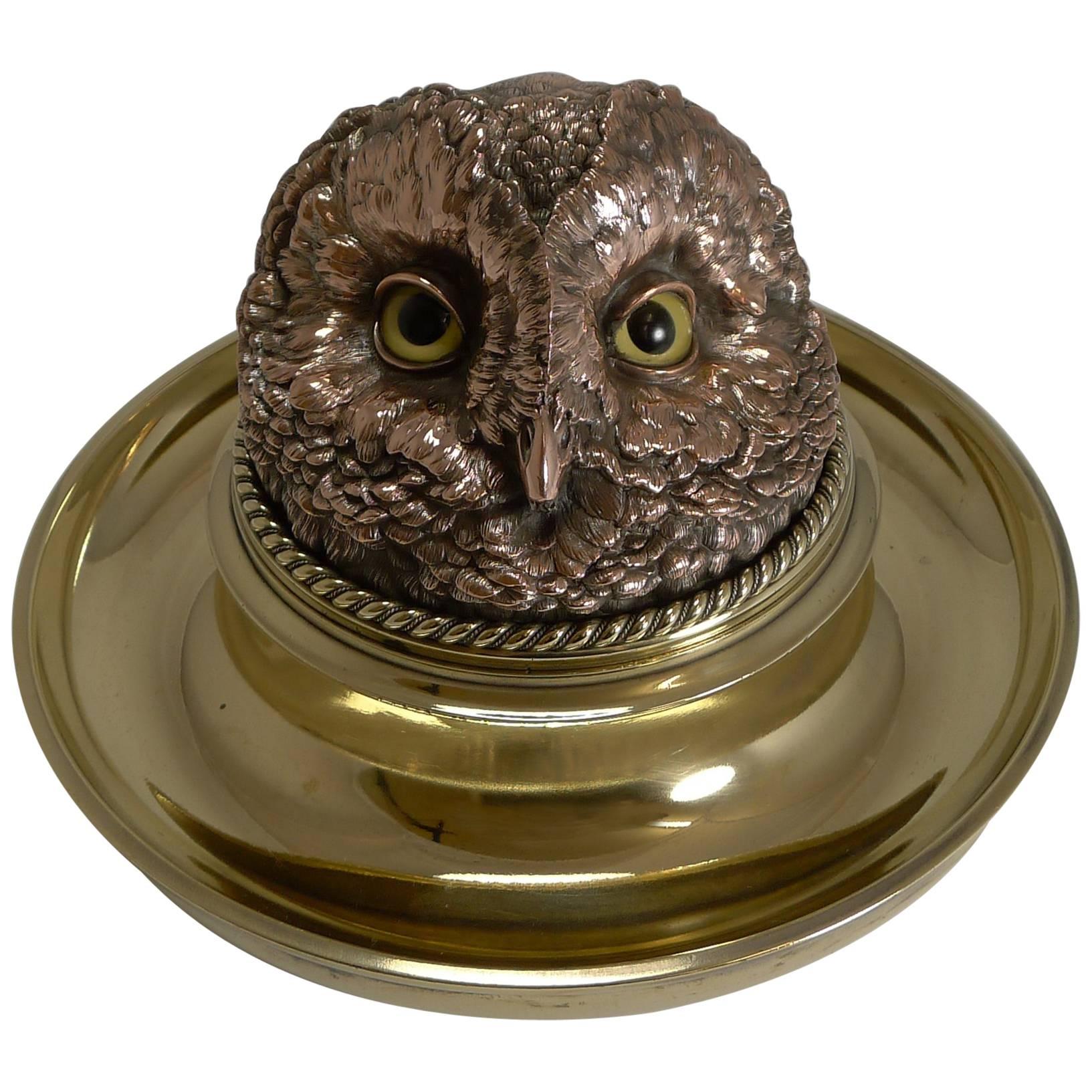 Rare Mammoth English Victorian Novelty Inkwell, Owl with Glass Eyes, circa 1880