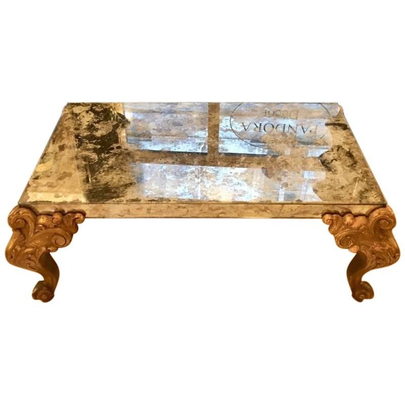 Mirrored Glass Coffee Table with Carved Wooden Gold Legs, 1900s