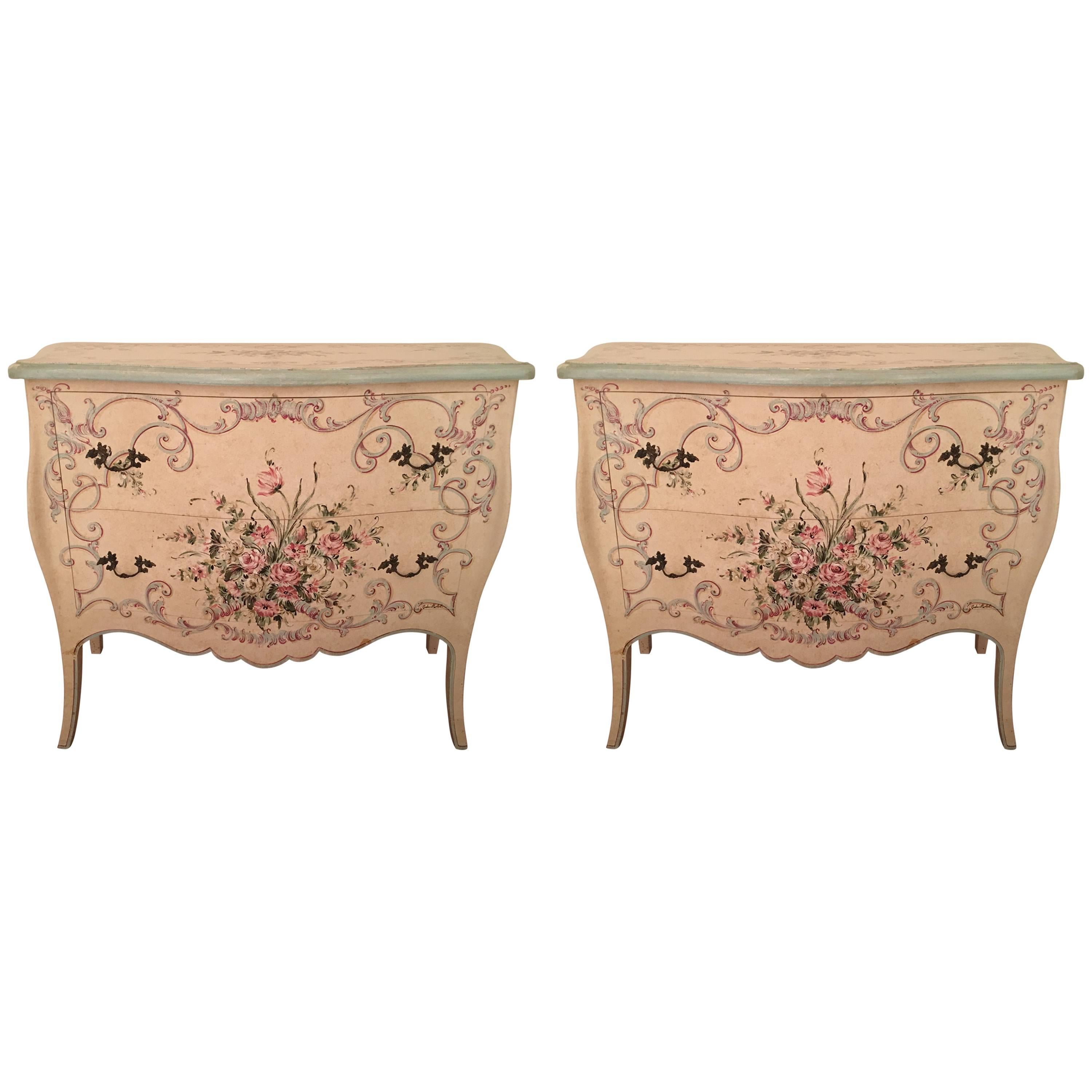 Pair of Charming Hand-Painted Italian Chest of Drawers Commodes