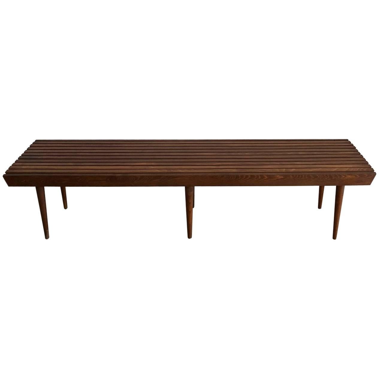 Midcentury Walnut Slat Bench or Coffee Table with Peg Legs