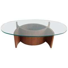 Midcentury Curved Sculptural Walnut and Glass Coffee Table