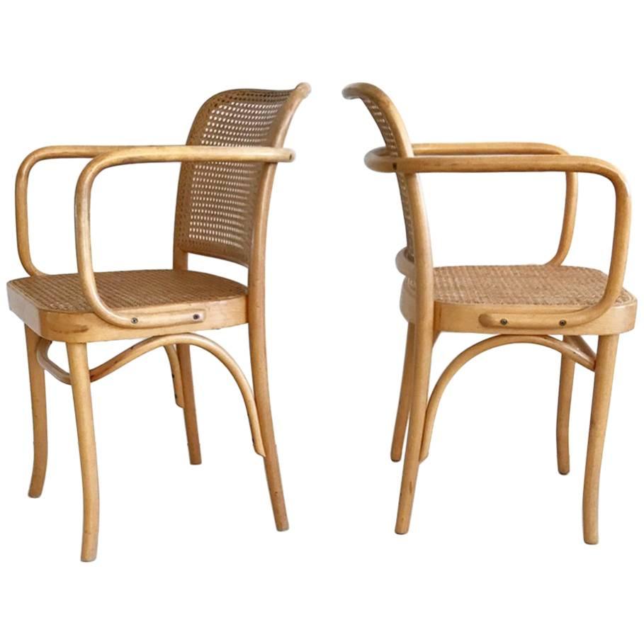 1960s Pair of Josef Hoffmann 811 Prague Chairs with Bentwood Arms and Cane