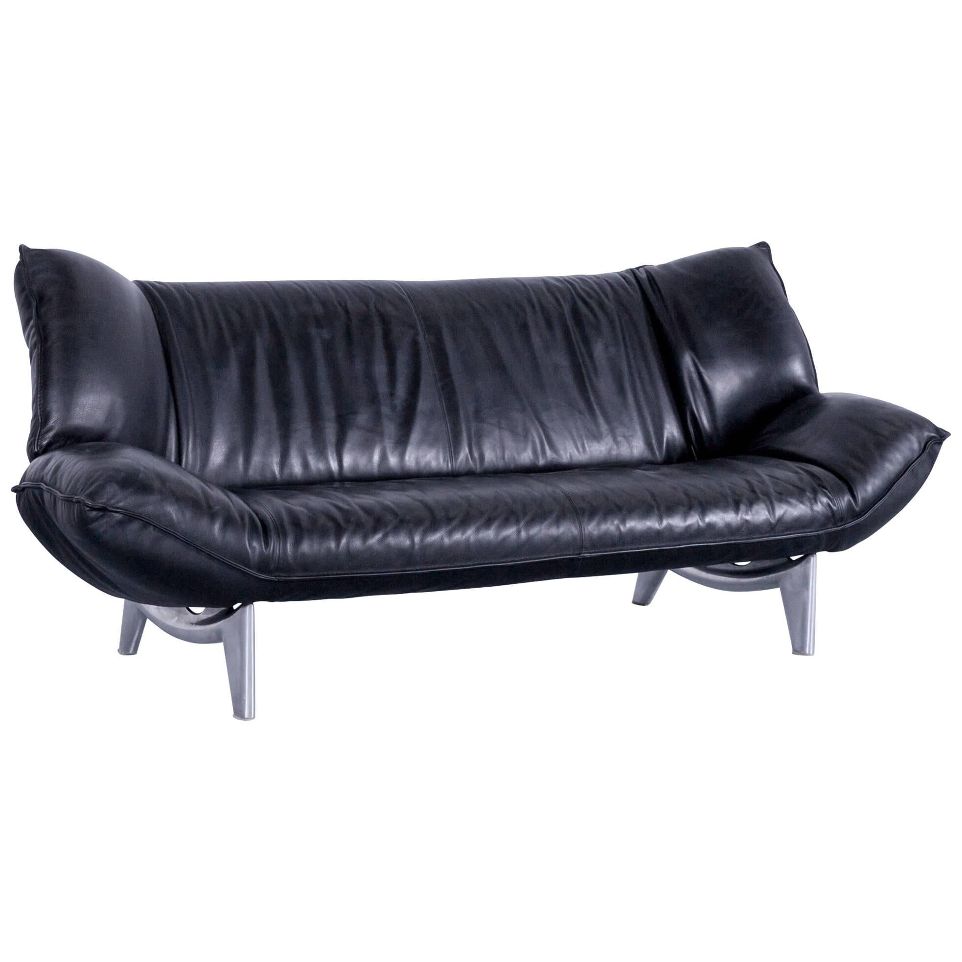 Leolux Tango Designer Leather Sofa Black Three-Seat Couch Function Metal For Sale
