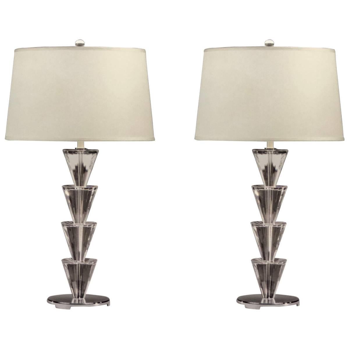 Italian Mid-Century Modern Style Crystal & Silver Table Lamps Fontana Arte, Pair