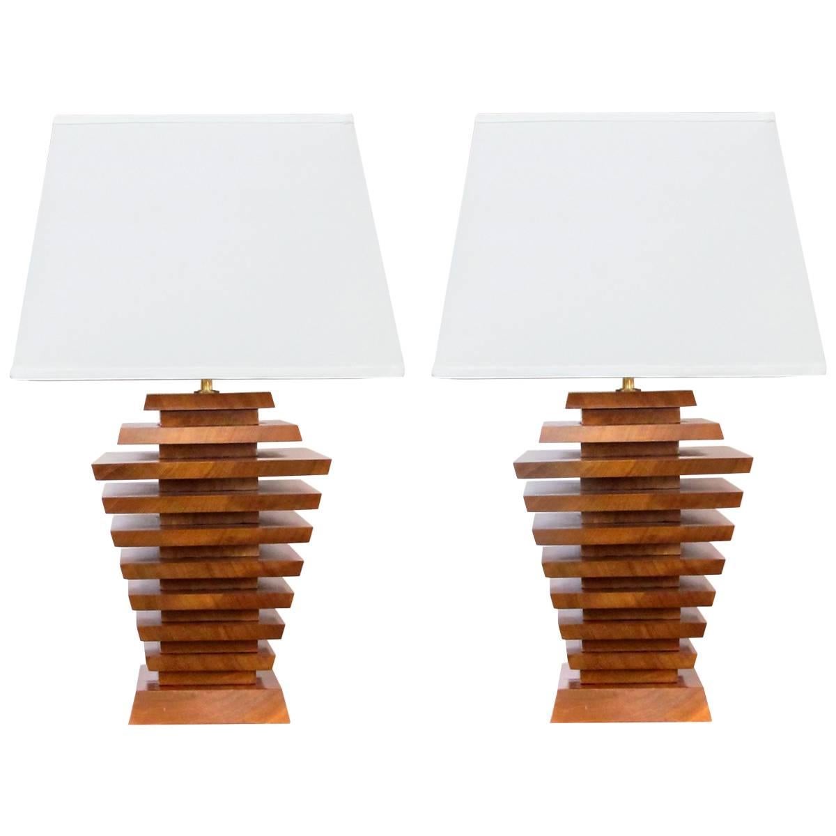 Unique and Stylish Pair of American 1960s Stacked Maple Lamps of Tapering Form