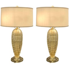 Italian Midcentury Style Clear & Gold Murano / Venetian Glass Table Lamps, Pair