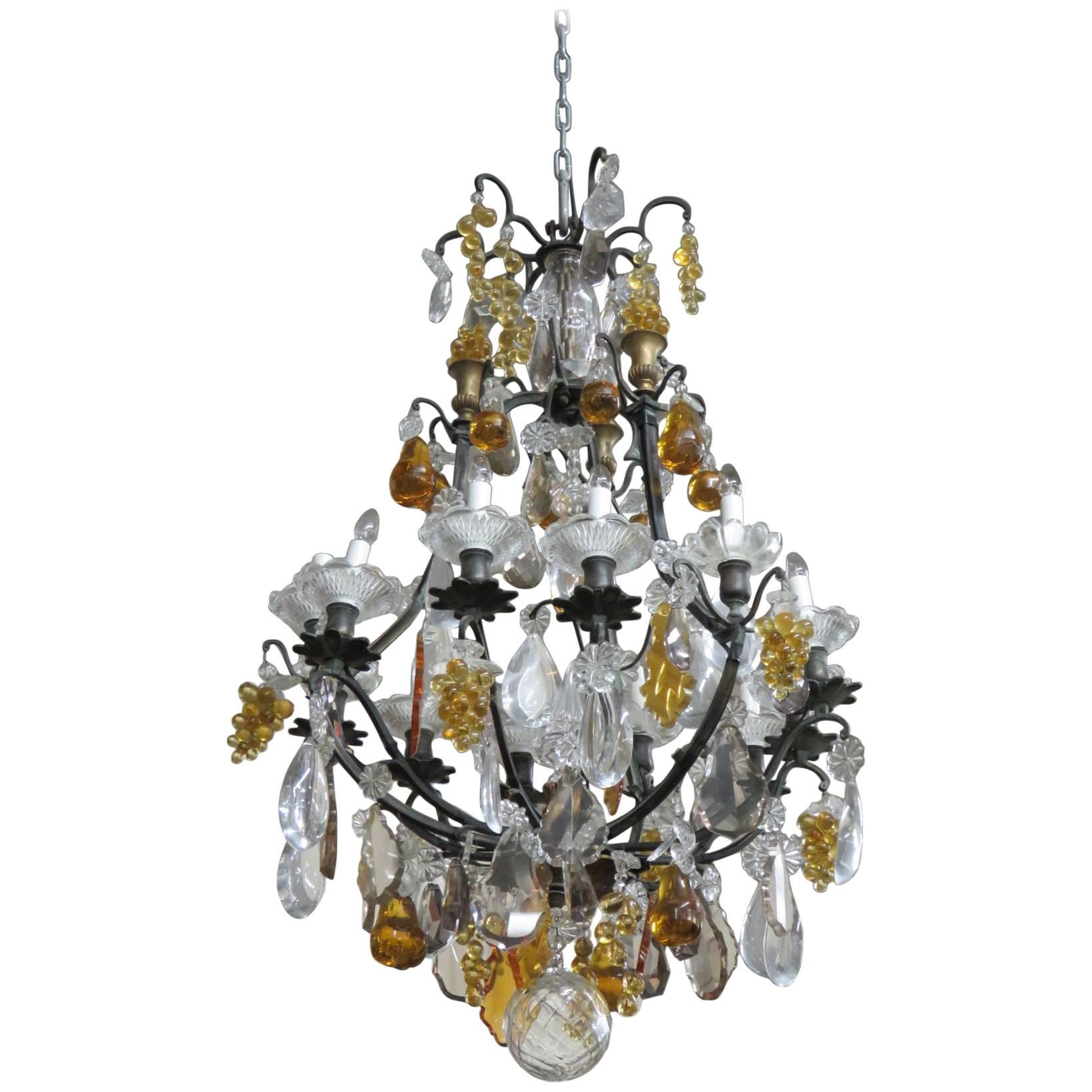 Louis XV Style Bronze Bird Cage Chandelier with Crystal Pears Apples Grapes 