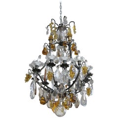 Vintage Louis XV Style Bronze Bird Cage Chandelier with Crystal Pears Apples Grapes 