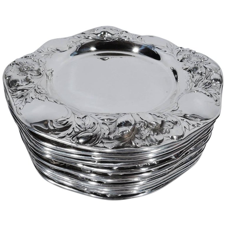 Set of 12 Antique American Art Nouveau Sterling Silver Bread and Butter